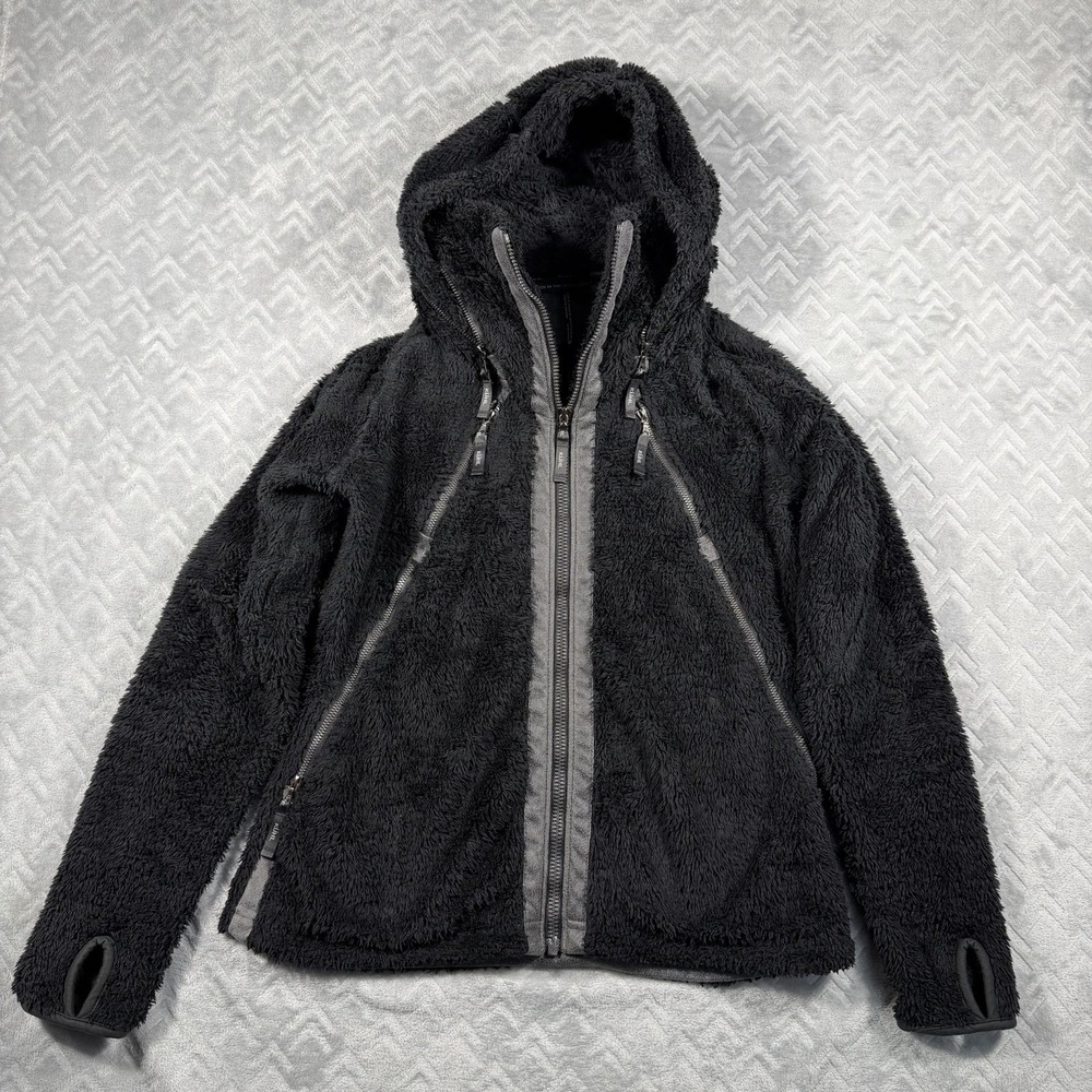 Kuhl Flight Jacket Womens Medium Black Full Zip Hooded Fuzzy Fleece Ladies M